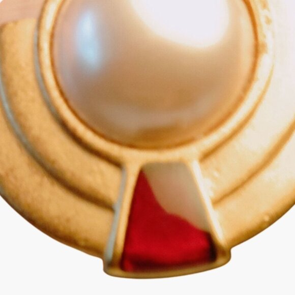 Monet Art Deco Earrings Vintage Gold Tone Faux Pearl Pierced Post - Picture 3 of 6